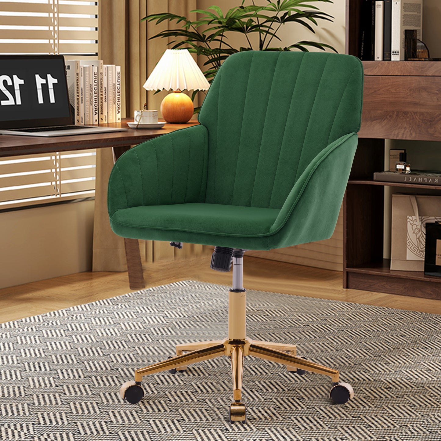 Luxurious Ergonomic Velvet Swivel Office Chair with Golden Base for Home and Bedroom