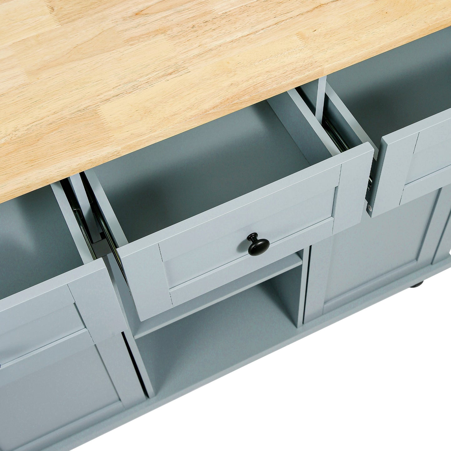 Multi-Functional Kitchen Island Cart with Rubber Wood Drop-Leaf Top, Storage Drawers, and Adjustable Shelving in Grey Blue