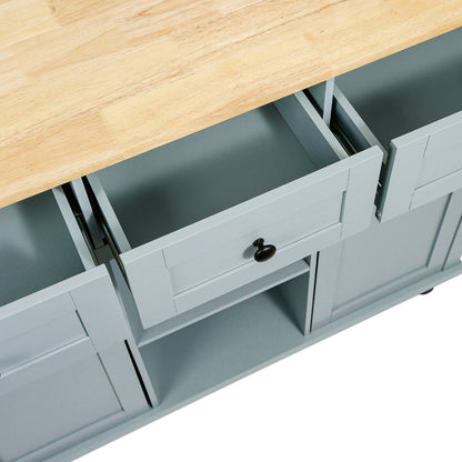 Multi-Functional Kitchen Island Cart with Rubber Wood Drop-Leaf Top, Storage Drawers, and Adjustable Shelving in Grey Blue