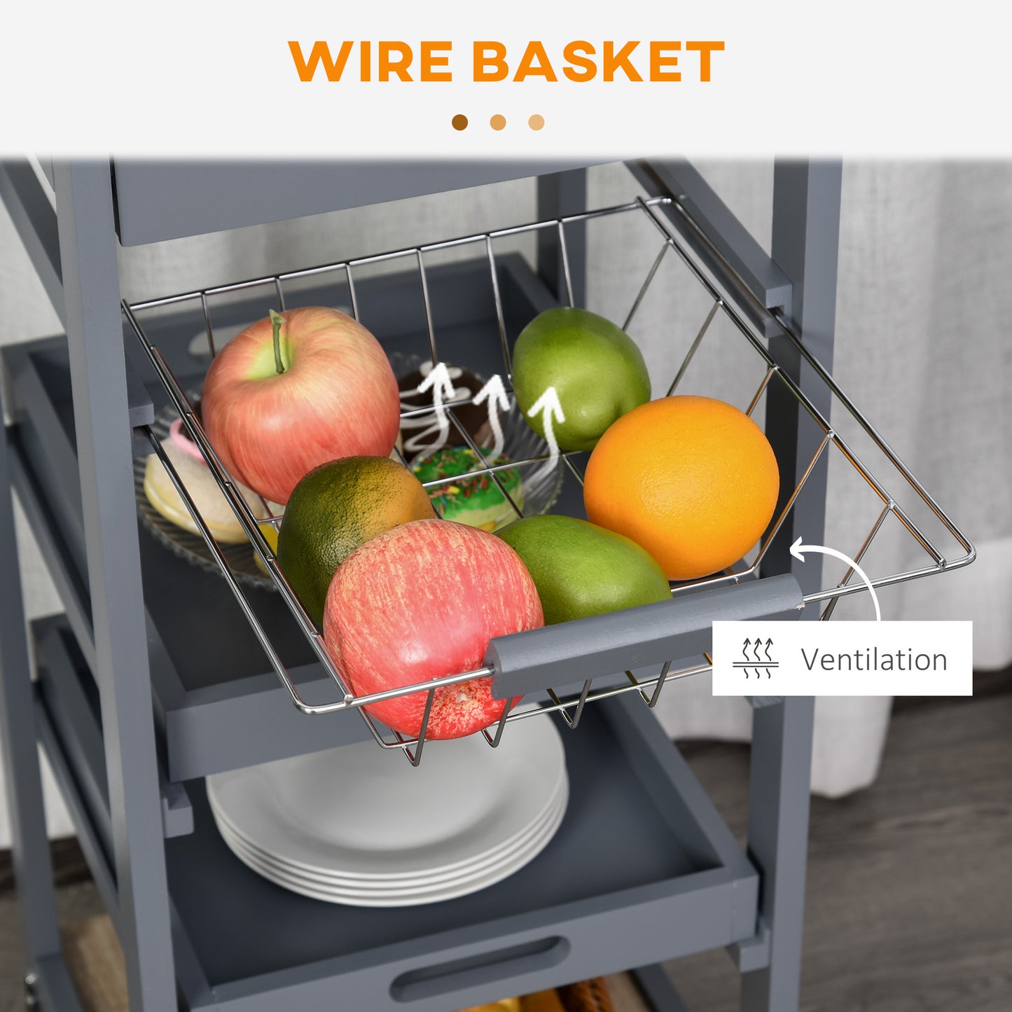 Compact Grey Kitchen Island Trolley With Slide Out Basket