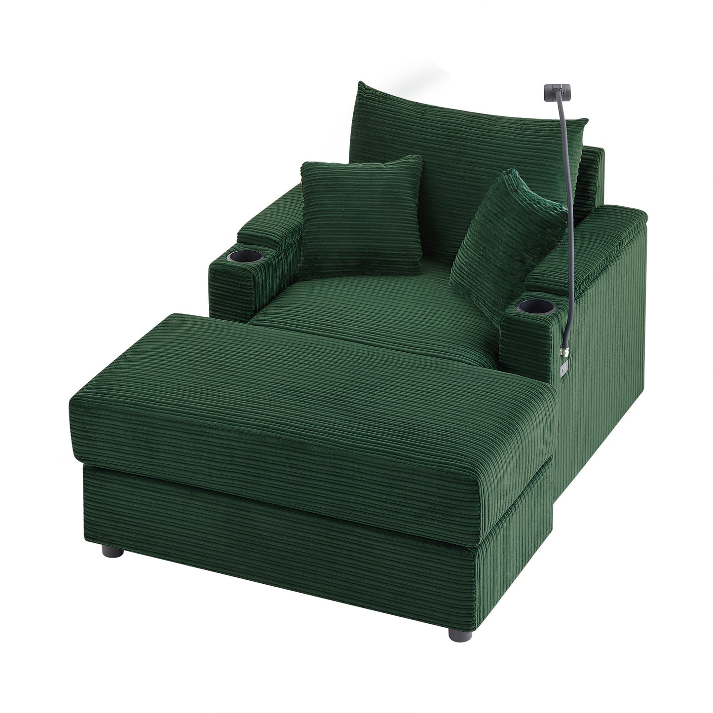 Contemporary Sofa with Movable Ottoman, Hidden Storage, USB Ports, Cup Holders, Phone Holder, Green