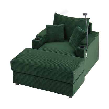 Contemporary Sofa with Movable Ottoman, Hidden Storage, USB Ports, Cup Holders, Phone Holder, Green