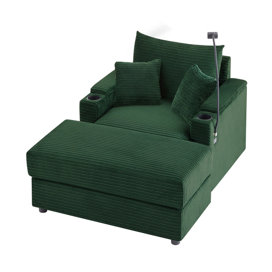Contemporary Sofa with Movable Ottoman, Hidden Storage, USB Ports, Cup Holders, Phone Holder, Green