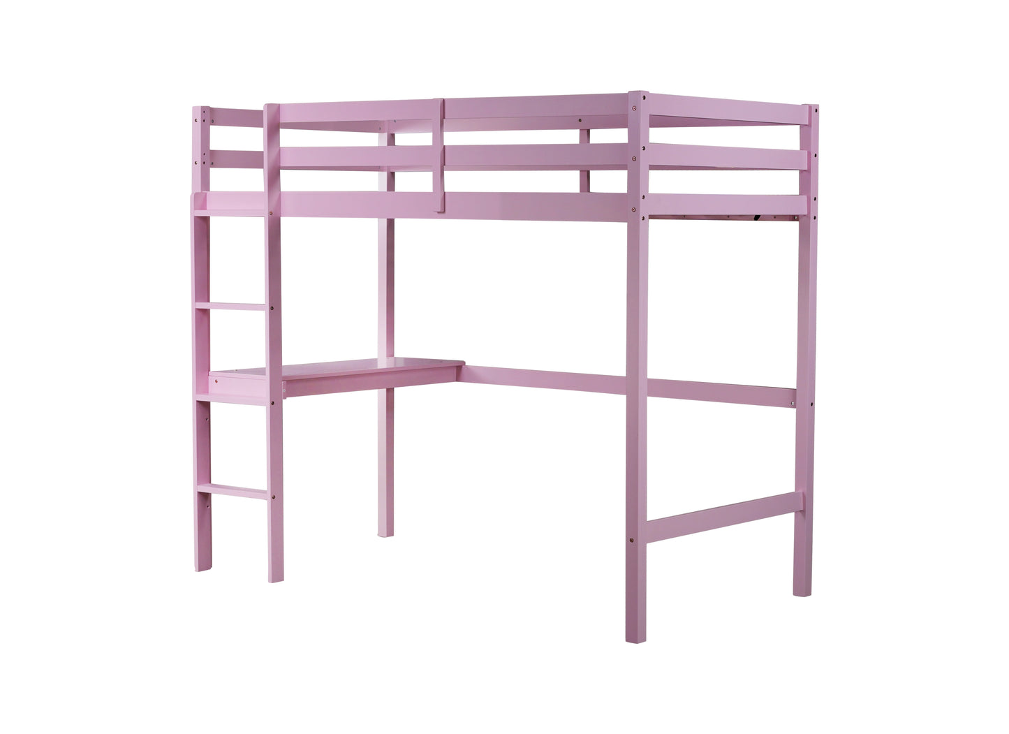 Pink Twin High Loft Bed with Built-in Desk and Safety Guardrails - Rubber Wood Design