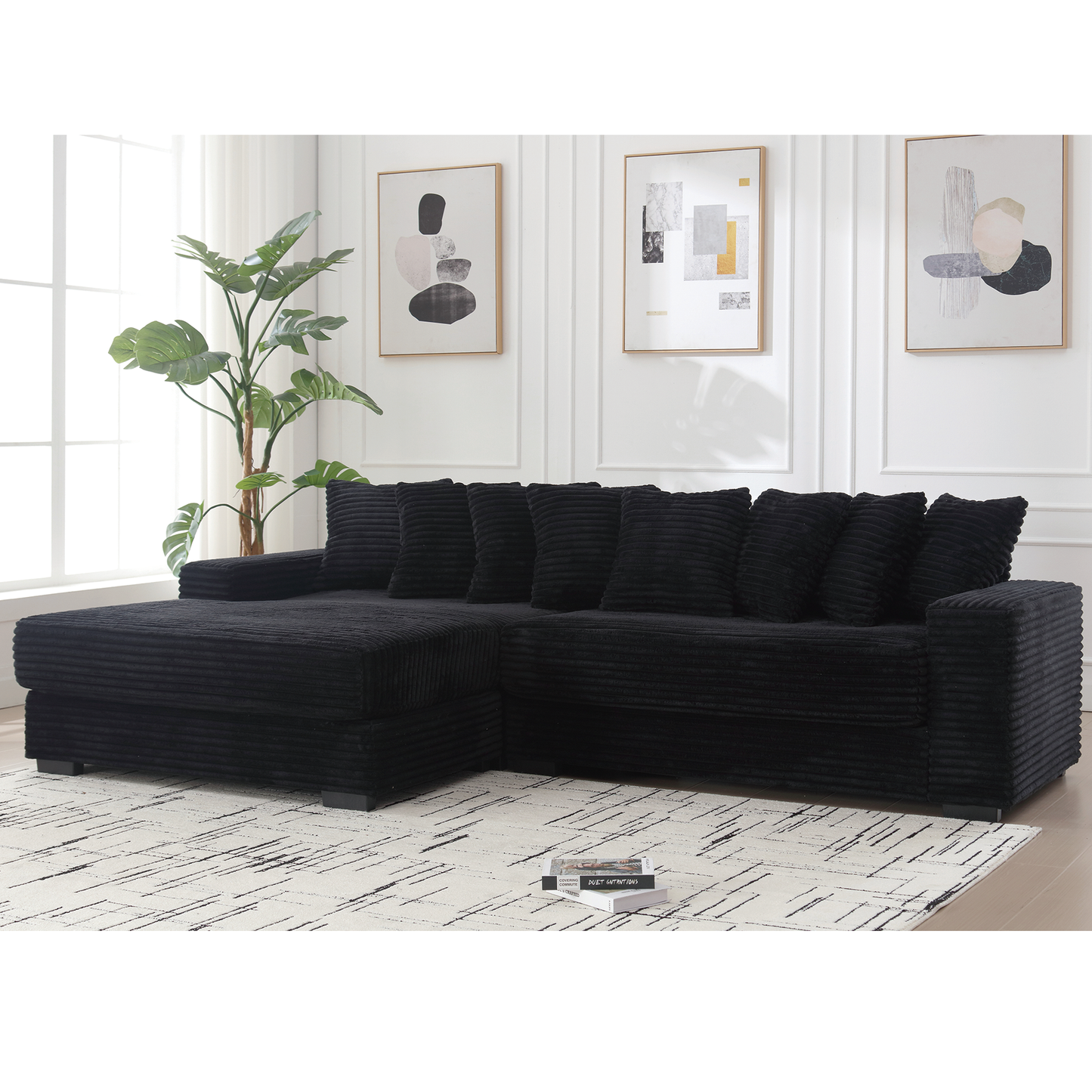 Oversized L-Shaped Corduroy Sectional Sofa with Left Chaise, 3-Seat, 8 Pillows, Easy Assembly, Black