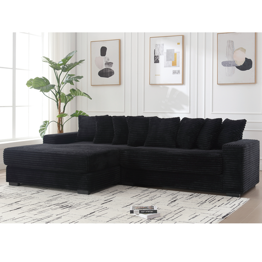 Oversized L-Shaped Corduroy Sectional Sofa with Left Chaise, 3-Seat, 8 Pillows, Easy Assembly, Black