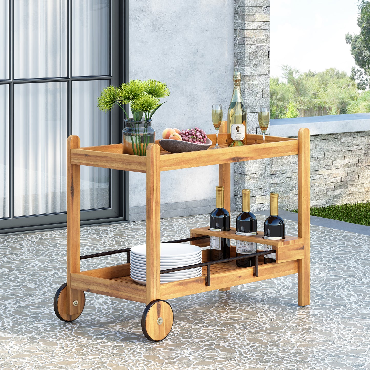 Acacia Wood Bar Cart With Slat Design And Wine Holders