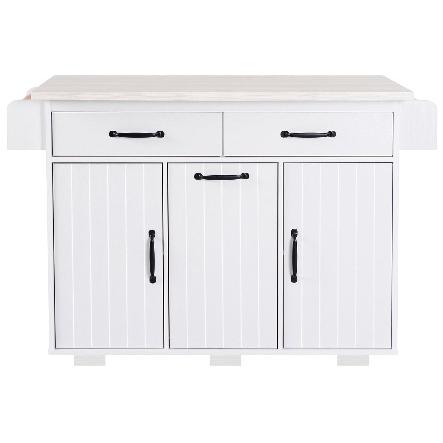 Rolling White Kitchen Island with Drop Leaf and Tilt-out Trash Can Storage, Spice Rack & Towel Rack