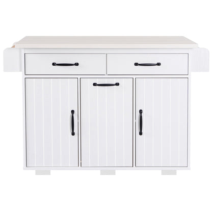 Rolling White Kitchen Island with Drop Leaf and Tilt-out Trash Can Storage, Spice Rack & Towel Rack
