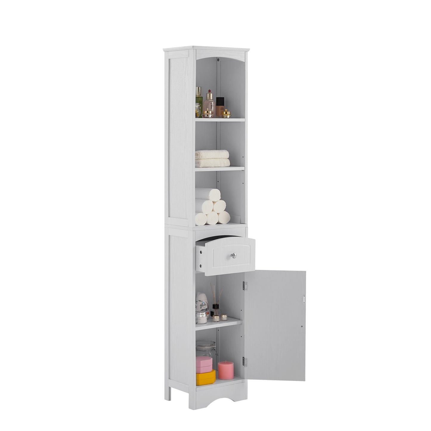 White Freestanding Tall Storage Cabinet for Bathroom with Adjustable Shelves and Drawer, MDF Construction