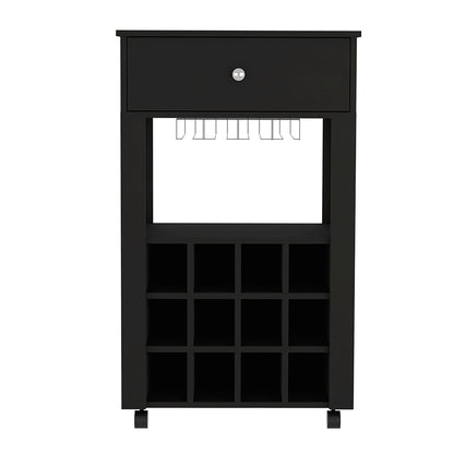 Modern Black Wengue Bar Cart With Twelve Wine Cubbies