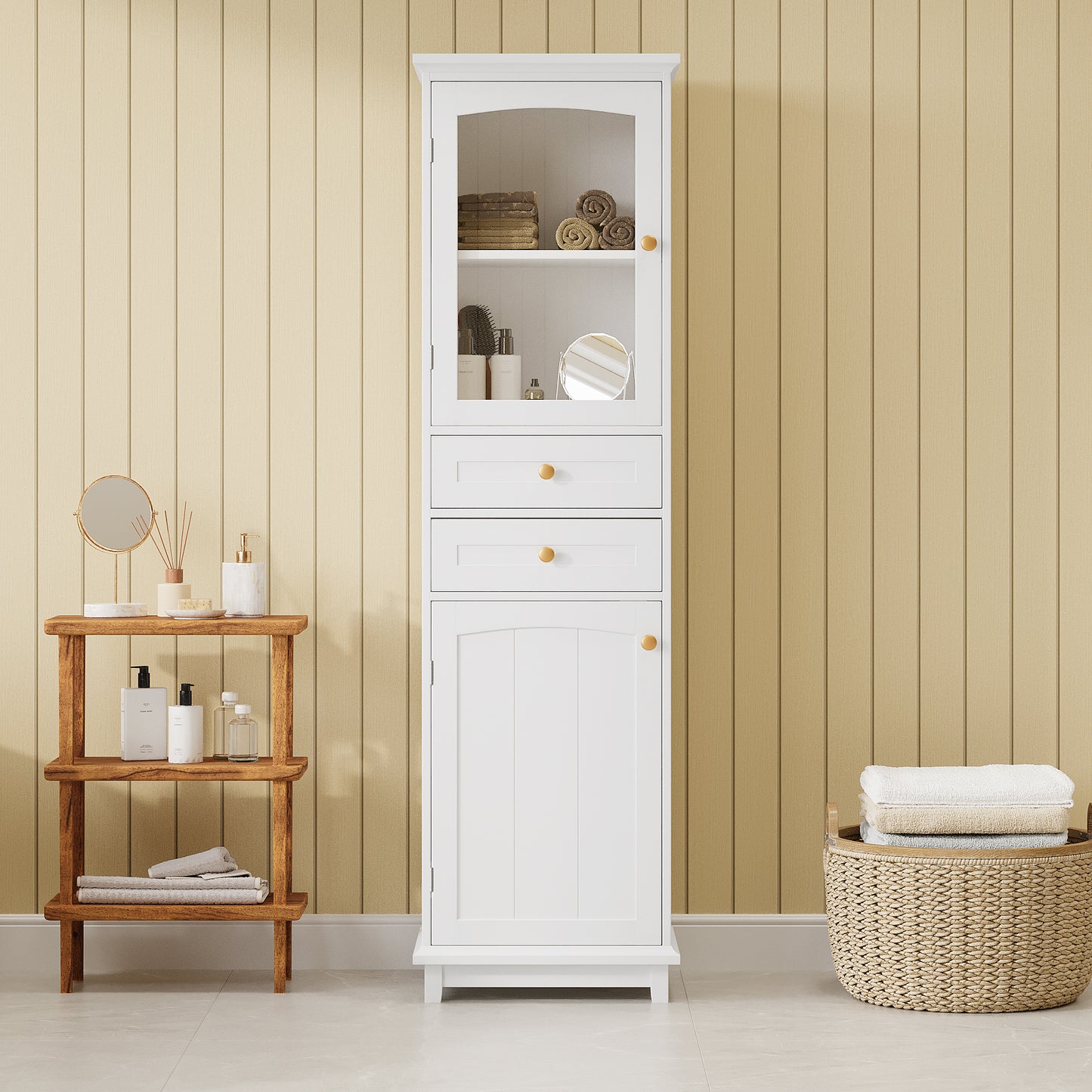 Elegant 63" Tall White Bathroom Storage Cabinet with Glass Doors, Two Drawers, Adjustable Shelves, and Anti-Tipping Design - Perfect for Organizing and Displaying Essentials