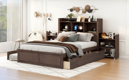 Espresso Full Size Storage Bed with Trundle and Dual Drawers, Pull-Out Shelving System