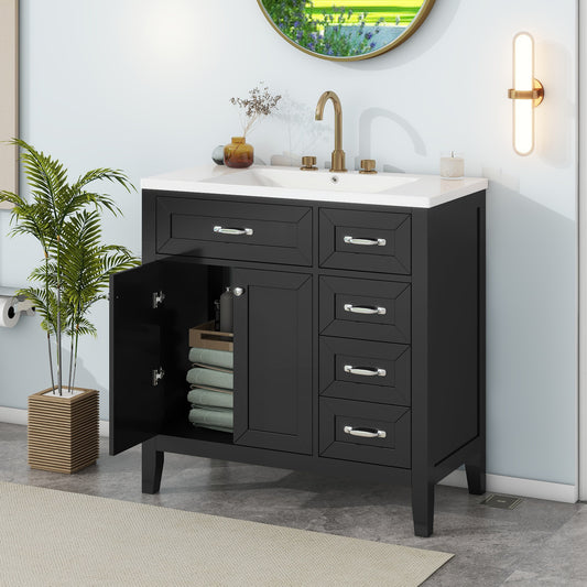 Stylish 36-Inch Black Bathroom Vanity with Integrated Sink, Durable MDF and Solid Wood Construction, Convenient Storage Drawers