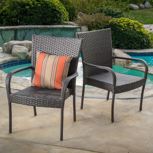 Outdoor PE Wicker Stacking Chair Set of 2 with Iron Frame for Patio Balcony Garden Modern Style Grey
