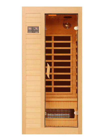 1-2 Person Far Infrared Home Sauna with Low EMF, LED Control Panel, Tempered Glass Door Natural Wood