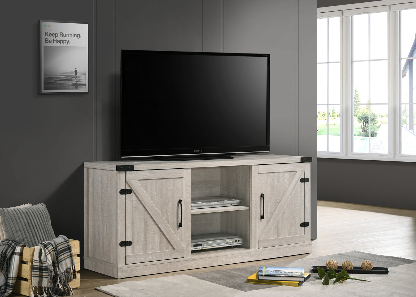 58-Inch TV Stand with 2 Open Shelves, 2 Cabinets, Cable Management, Holds 63-Inch TVs Dusty Gray