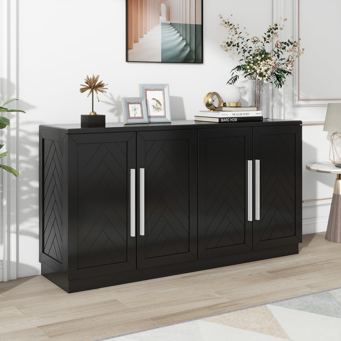 TREXM Sideboard with 4 Doors Large Storage Space Buffet Cabinet with Adjustable Shelves and Silver Handles for Kitchen, Dining Room, Living Room (Black)