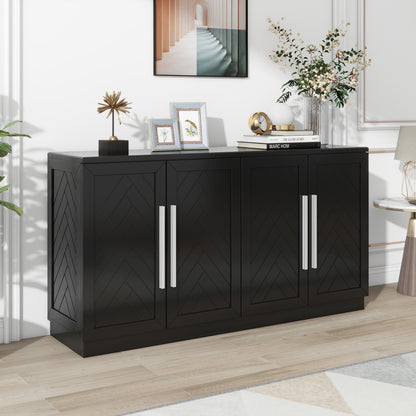TREXM Sideboard with 4 Doors Large Storage Space Buffet Cabinet with Adjustable Shelves and Silver Handles for Kitchen, Dining Room, Living Room (Black)
