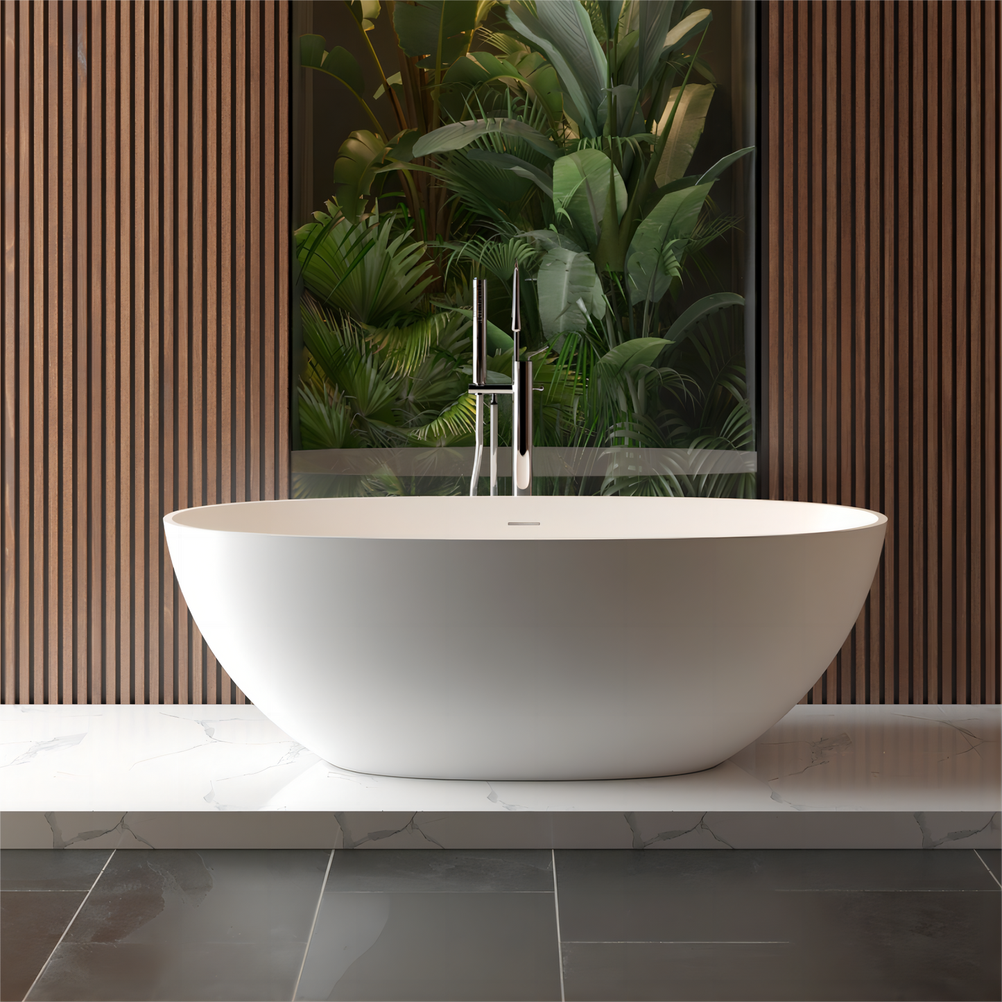 Luxury 65" Matte White Freestanding Soaking Bathtub, Handcrafted Solid Surface with Overflow and Pop-up Drain