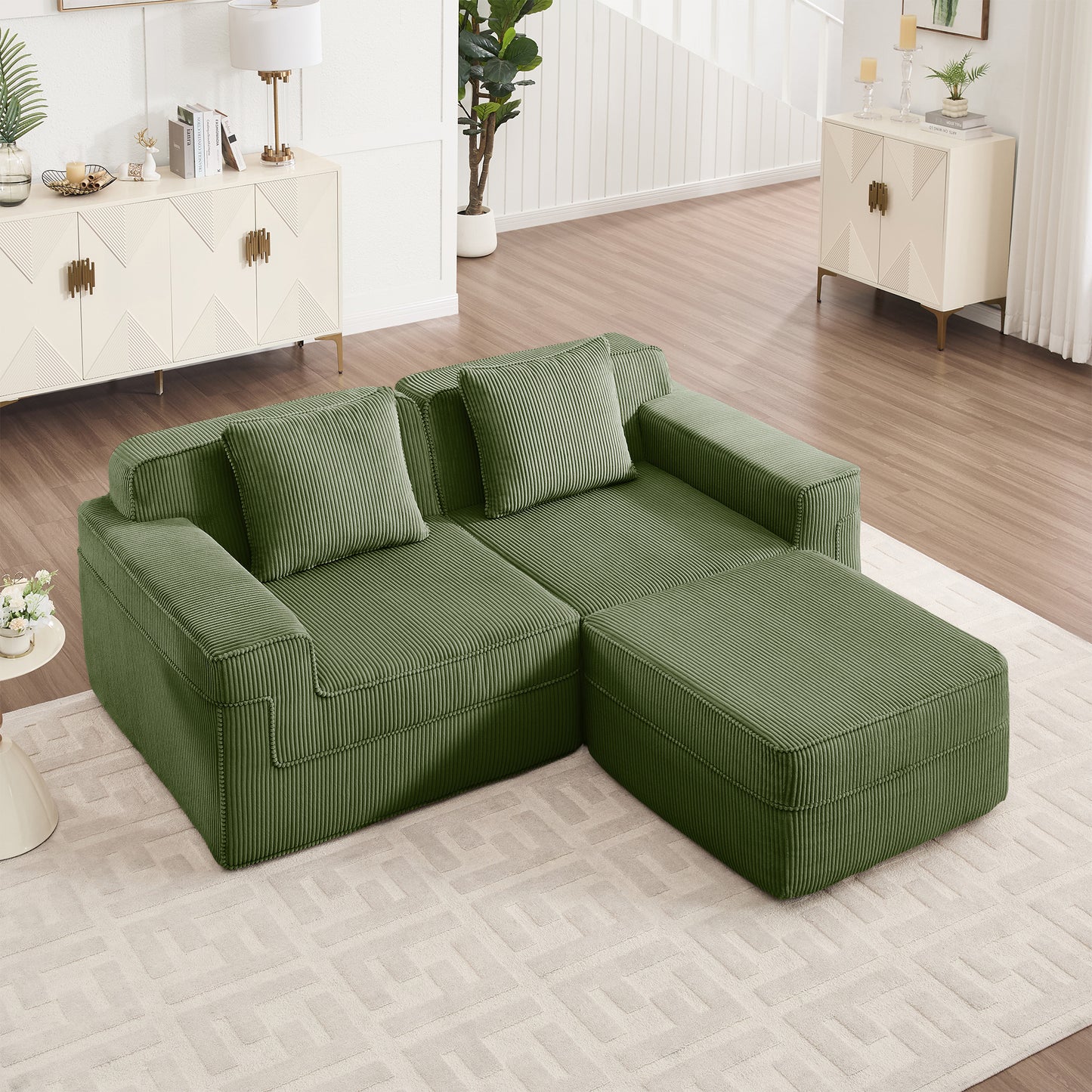 Modular L-Shape 2-Seater Sectional Sofa with Deep Seat, Corduroy, Throw Pillows, Movable Ottoman - Green