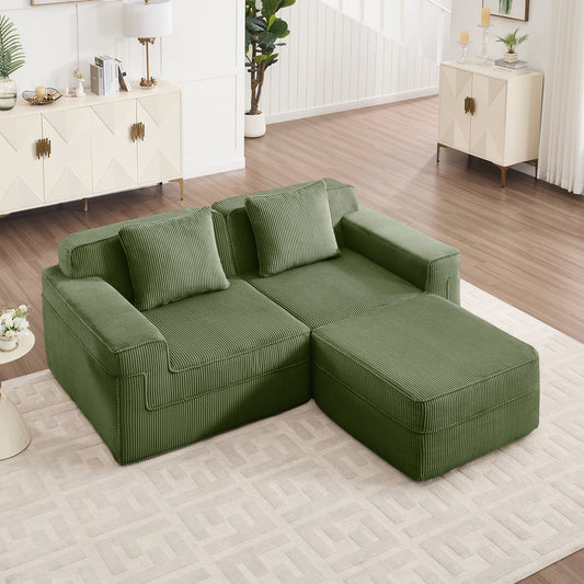 Modular L-Shape 2-Seater Sectional Sofa with Deep Seat, Corduroy, Throw Pillows, Movable Ottoman - Green