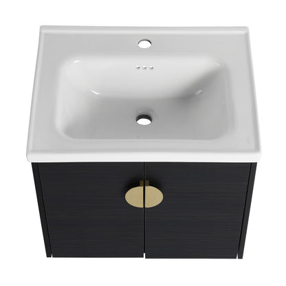 60 Inch Wall-Mounted Bathroom Vanity with Soft Close Doors and Ceramic Sink, Includes Small Storage Shelves - BVC06360BCT