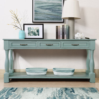63-Inch Solid Pine Console Table with 3 Drawers and Bottom Shelf for Entryway, Easy Assembly Retro Blue