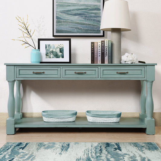 63-Inch Solid Pine Console Table with 3 Drawers and Bottom Shelf for Entryway, Easy Assembly Retro Blue