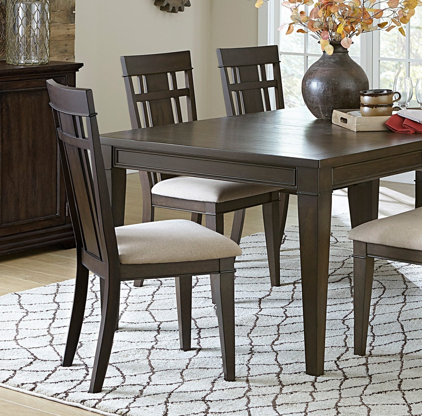 Dining Room Side Chairs Set of 2, Wood Frame, Beige Upholstery, Arts & Crafts, Dark Brown Finish