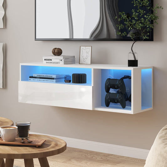 39-Inch TV Console with LED Lights, 4 Controller Hooks, 2 Headphone Hooks, Storage, 30kg Load, White