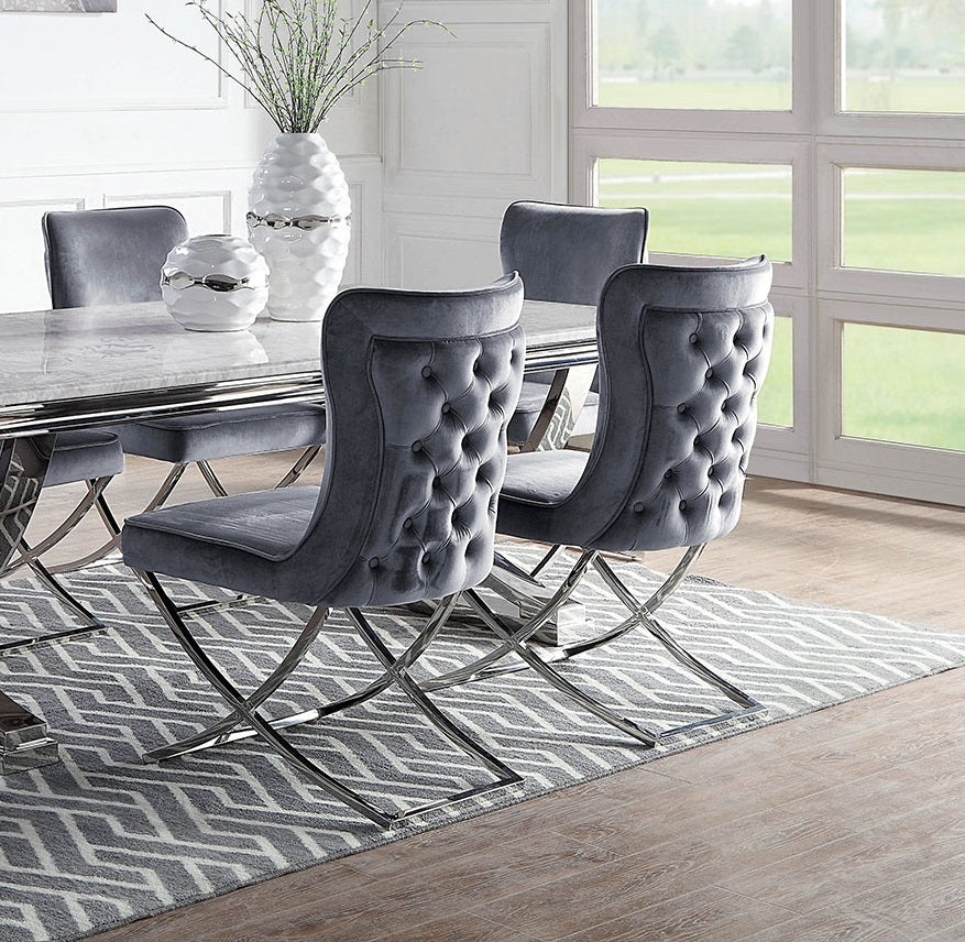 2 Velvet Dining Chairs with Button-Tufted Upholstery, Chrome Frame, 20.75W x 26.5D x 38H, Glam, Gray