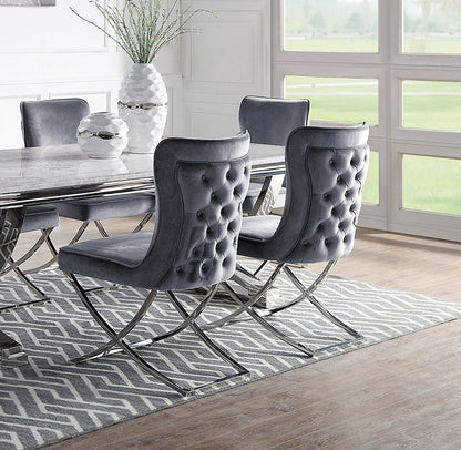 2 Velvet Dining Chairs with Button-Tufted Upholstery, Chrome Frame, 20.75W x 26.5D x 38H, Glam, Gray