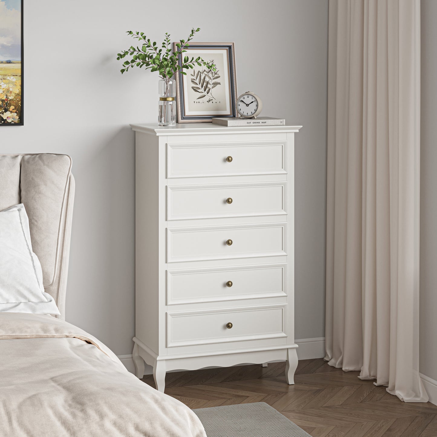 Modern 5-Drawer Dresser with Solid Wood Legs and Chic White Finish for Stylish Storage Solutions