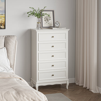 Modern 5-Drawer Dresser with Solid Wood Legs and Chic White Finish for Stylish Storage Solutions