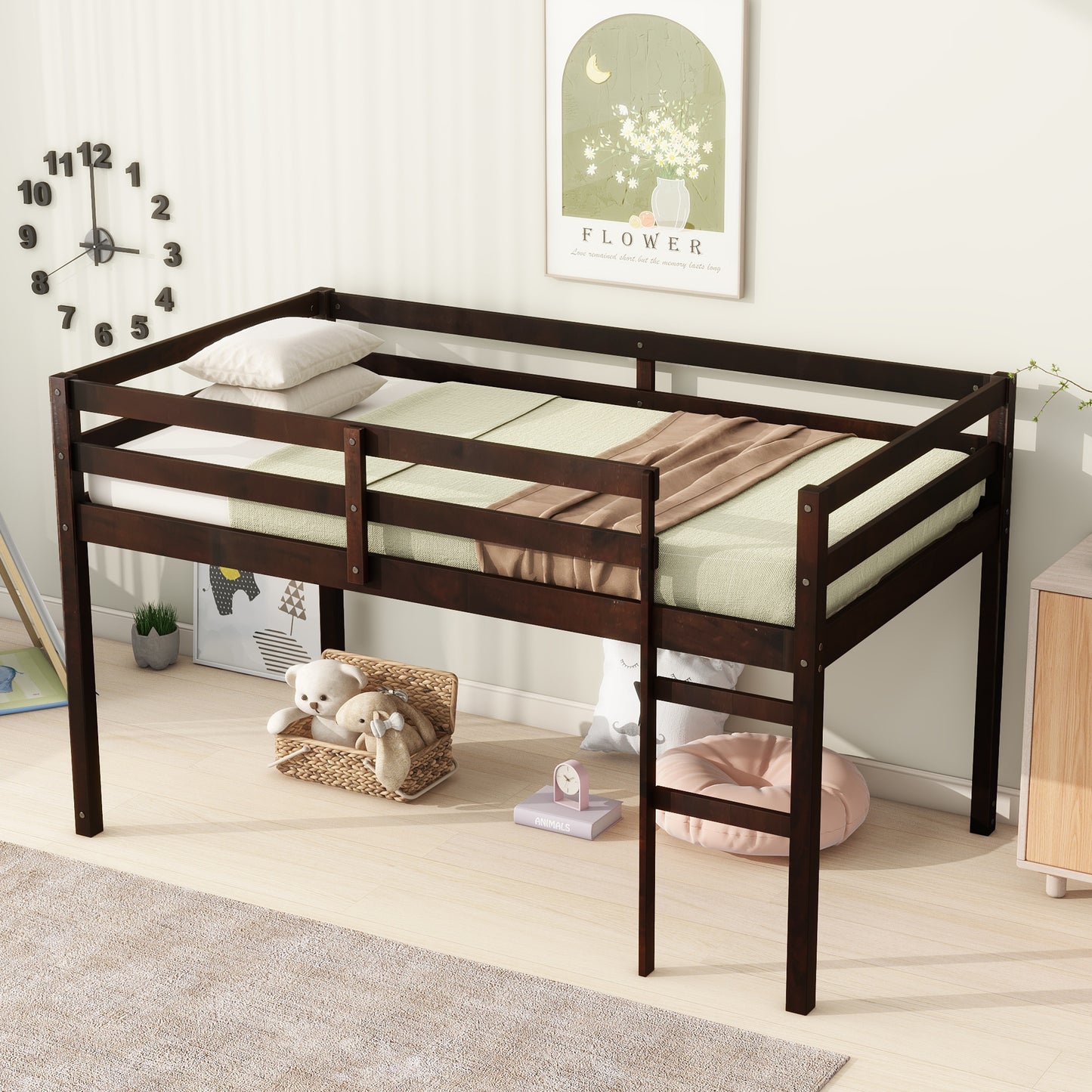 Espresso Rubber Wood Twin Loft Bed with Ladder and Enhanced Support Slats