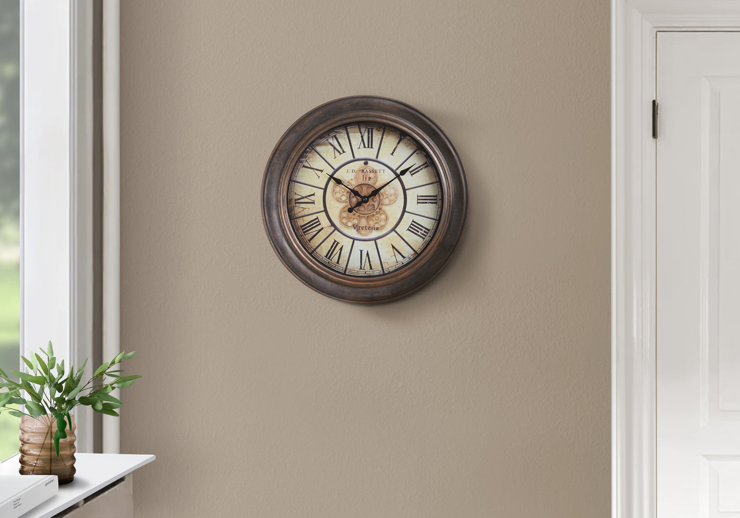 15-Inch Round Wall Clock with Quartz Movement, Roman Numerals, Non-Ticking, Transitional Antique Brown