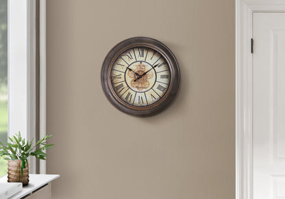 15-Inch Round Wall Clock with Quartz Movement, Roman Numerals, Non-Ticking, Transitional Antique Brown
