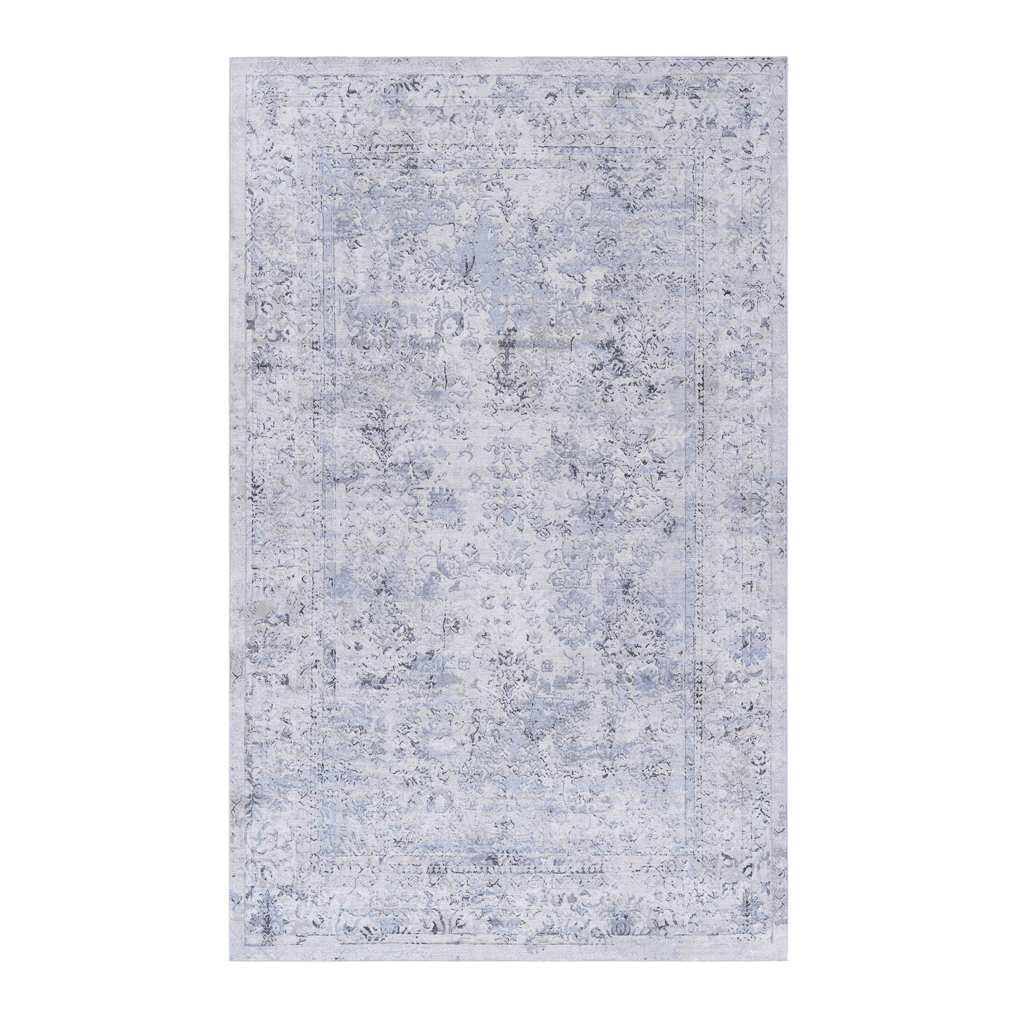 8x10 Machine-Washable Area Rug, Low-Pile, Non-Slip, Foldable, Kid & Pet Friendly - Blue & Cream