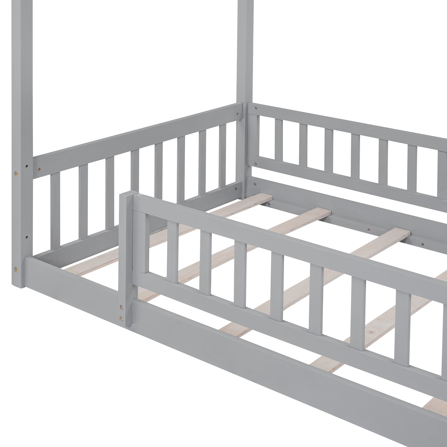 Whimsical Twin Wooden House Bed Frame with Fenced Design for Kids and Teens - Gray
