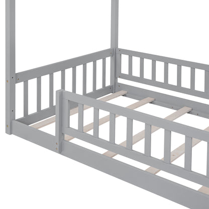 Whimsical Twin Wooden House Bed Frame with Fenced Design for Kids and Teens - Gray
