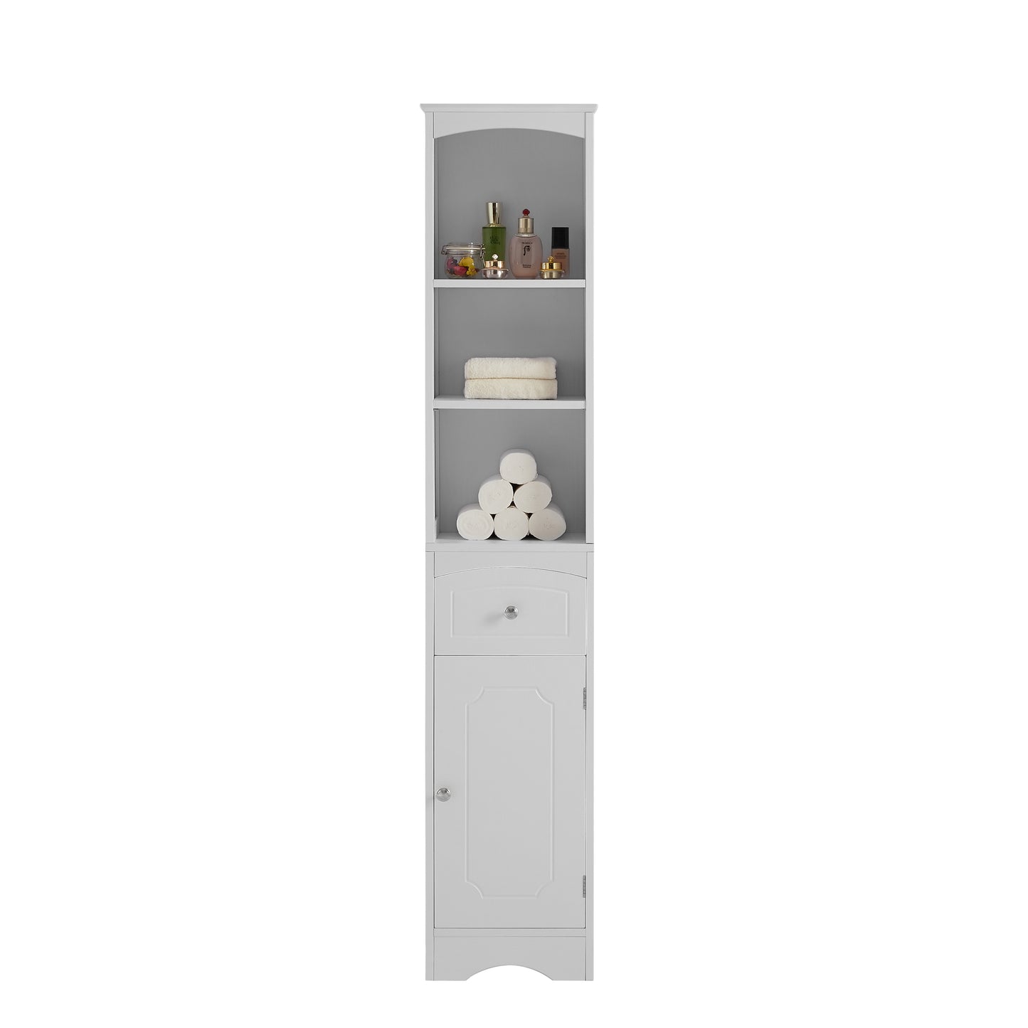 White Freestanding Tall Storage Cabinet for Bathroom with Adjustable Shelves and Drawer, MDF Construction