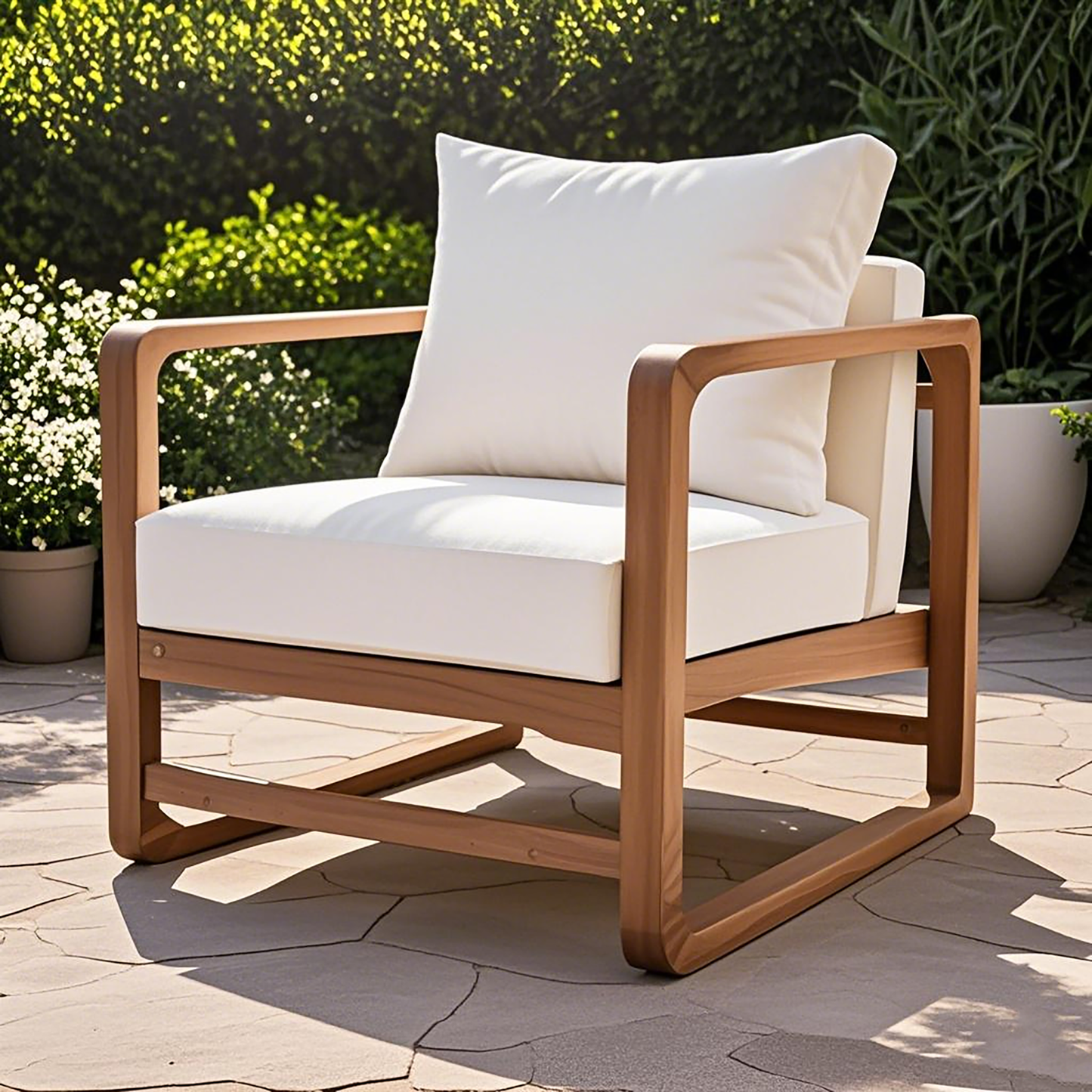 Outdoor Lounge Chair With Oversized Seat In Acacia Wood For Patio Or Garden Cushions Included White