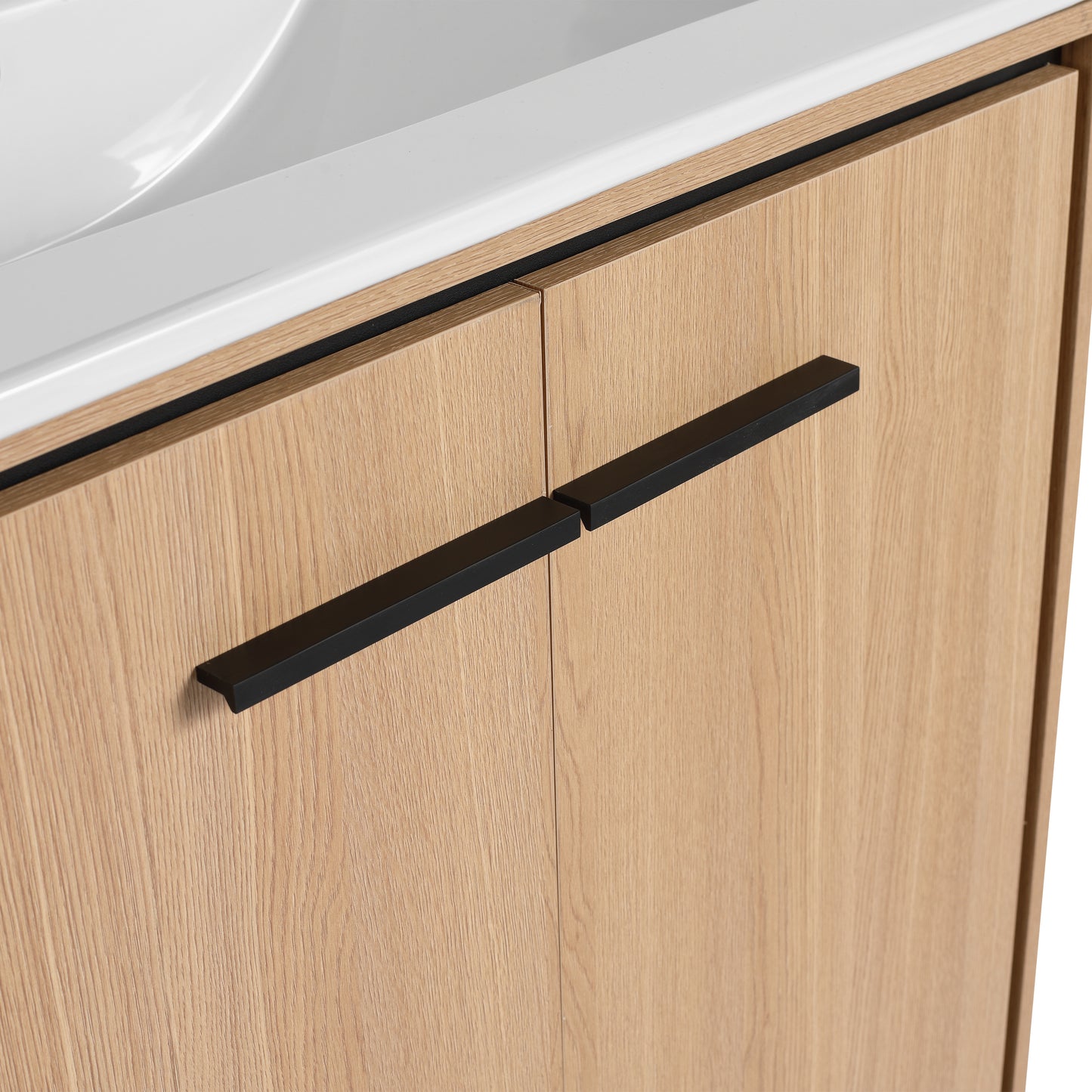 30-Inch Oak Bathroom Vanity Base with Ceramic Basin and Double Door Storage Cabinet