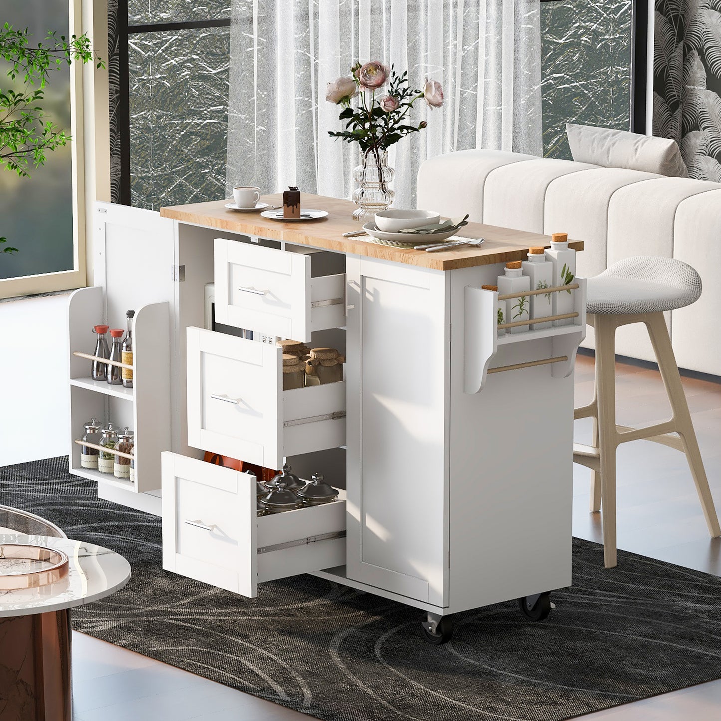 K&K Multi-Function Rolling Kitchen Cart with Storage, Rubber Wood Top, 3 Drawers, 2 Slide-Out Shelves, and Spice Rack, White