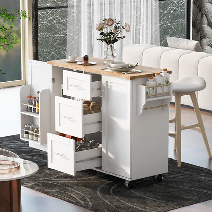 K&K Multi-Function Rolling Kitchen Cart with Storage, Rubber Wood Top, 3 Drawers, 2 Slide-Out Shelves, and Spice Rack, White