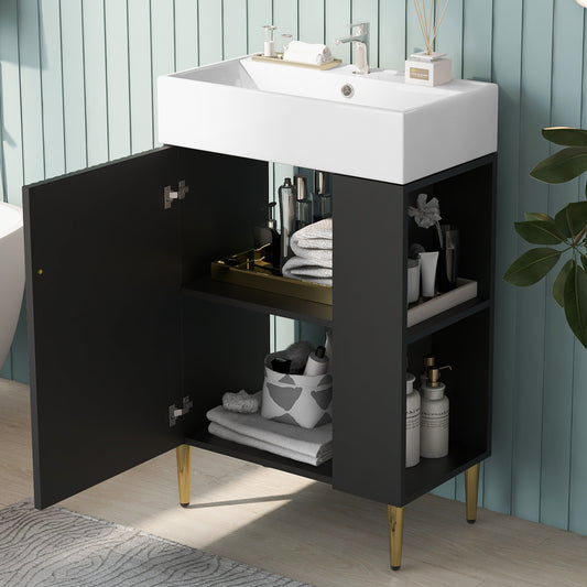 Modern 21.6" Black Bathroom Vanity with Ceramic Sink and Right-Side Storage Cabinet