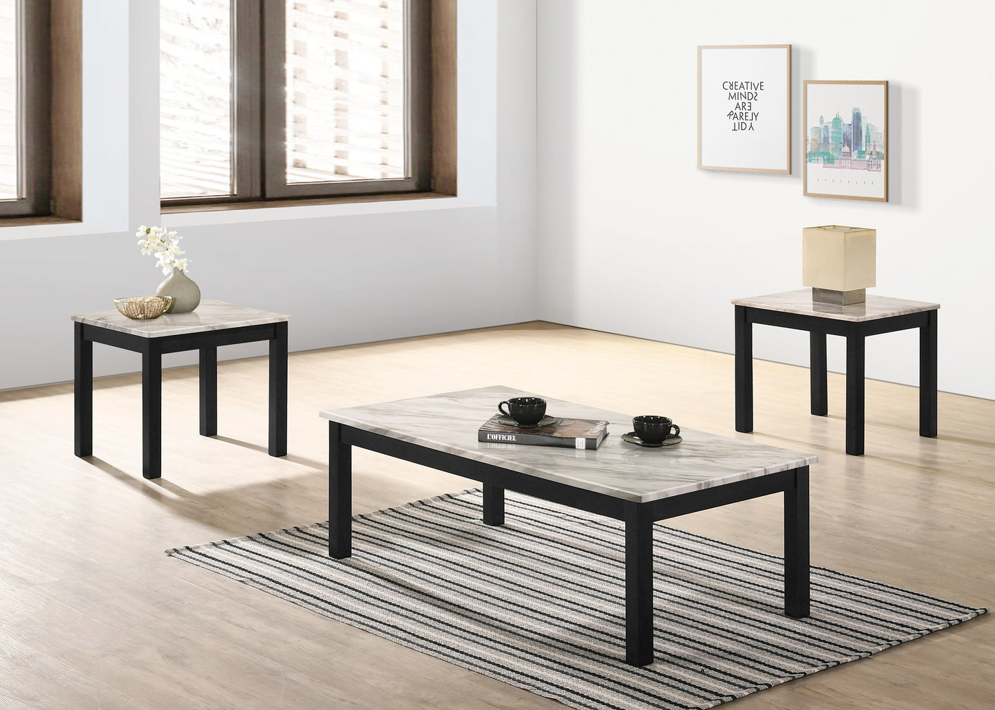 3-Pc Coffee Table Set: Coffee Table 47x24x16 in; End Tables; Faux Marble Top; Rubberwood + MDF; Black Legs