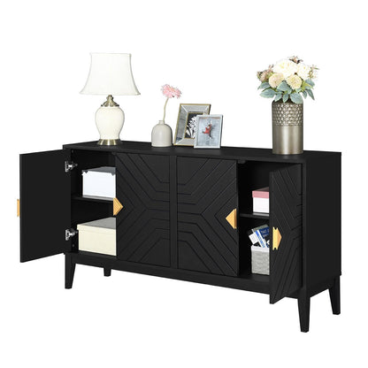 4-Door Sideboard Storage Cabinet for Living Room and Dining Room, Two Large Cabinets with Gold Handles and Adjustable Shelf, Black