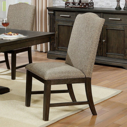 Set of 2 Modern Rustic Dining Chairs, Fabric Upholstered, Nailhead Trim, Rubberwood, Espresso